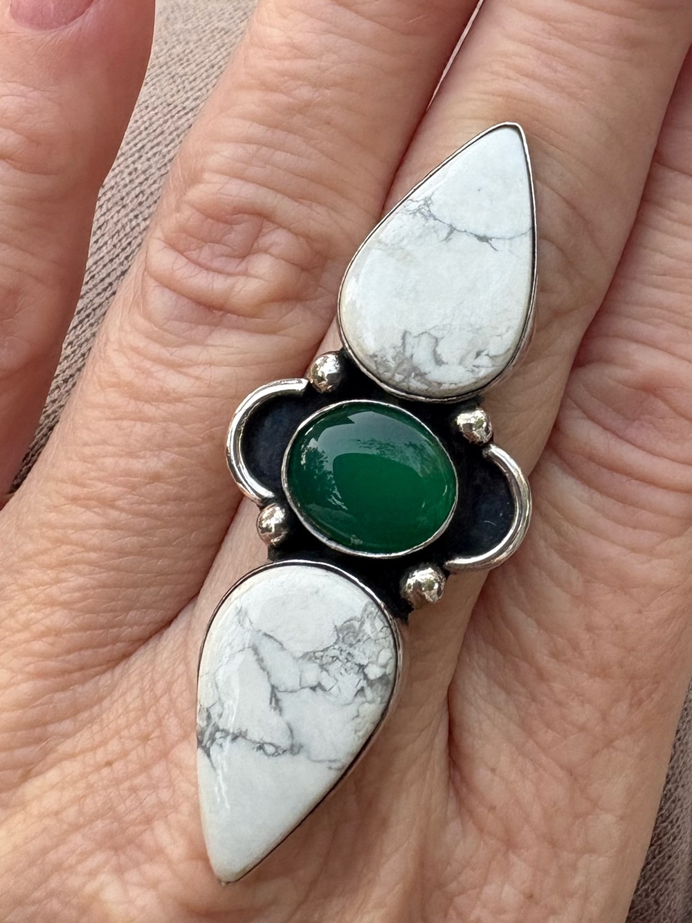 925 Sterling Silver Green Onyx and White Howlite Adjustable Statement Ring